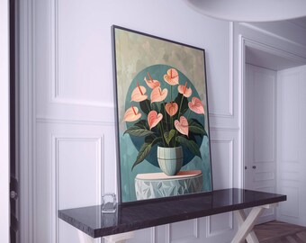 Flamingo Lily Flowers Print | Oil Painting Style |  Downloadable Print | Feminine Wall Art  | Anthurium Flowers Poster | Art Deco