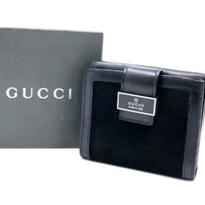 Cartera Gucci Compact Hook en color negro con placa de logotipo en ante y piel Auténtico regalo GG Envío nacional gratuito