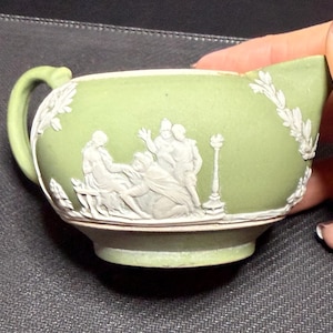 Antique Wedgwood Sage Green Jasperware Small Creamer Cherubs Collectible *defect