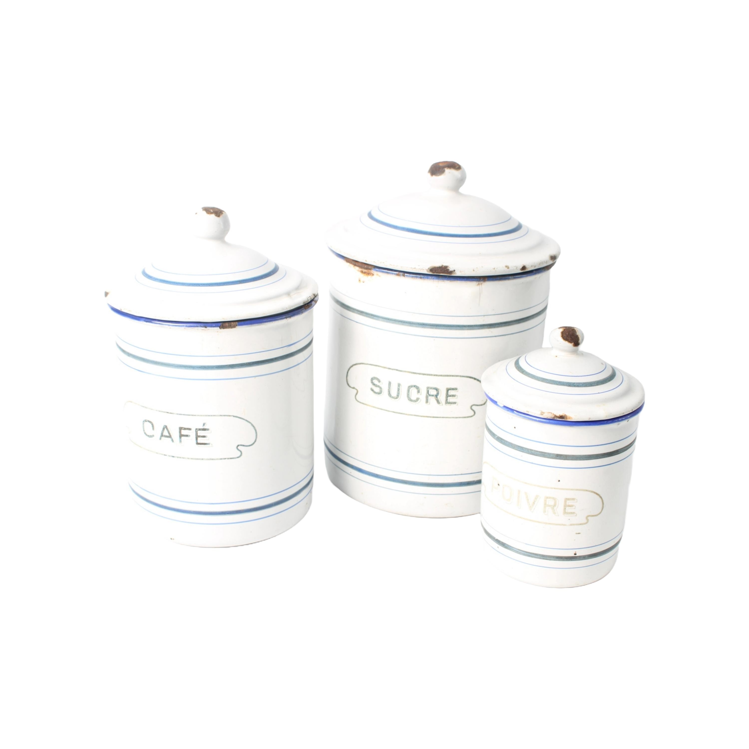 Set of Three Antique Enamel Tins – “Sucre”, “Café”, and “Poivre” – Société Austria B Frères