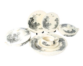 Vintage Grindley Meadowbrook dinnerware from England, 17-piece complete dinnerware with rural landscape decoration, Free Shipping