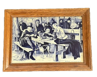 Beautiful six-piece Delft Blue Tile Mounting - Inspired by Jan Steen