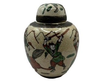 Trouvaille unique : pot de gingembre japonais peint à la main avec combat de samouraï - Pour les fans du Shogun de Disney !