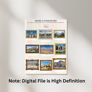 May include: A printable Madrid scavenger hunt game with a list of famous landmarks in the city. The game features images of the landmarks in picture frames with blank ovals for players to write the names of the landmarks.