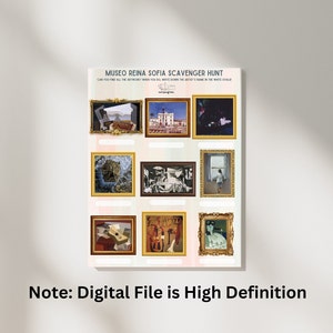 Puede incluir: Un juego de búsqueda del tesoro con obras de arte del Museo Reina Sofía de Madrid, España. El juego incluye 12 imágenes de obras de arte famosas, con espacios en blanco para que los jugadores escriban el nombre del artista.