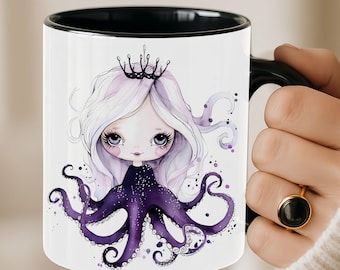 Paarse diepzeeheks octopus koningin koffiemokken 11 oz keramiek, octopusliefhebber, schurk ursula, instandhoudingscadeau voor haar - ART100