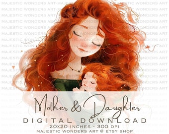 Merida Mom and Daughter Digital Print, Brave Princess Merida Mom and Daughter Instant Download, Mothers Day Watercolor Gift Art.