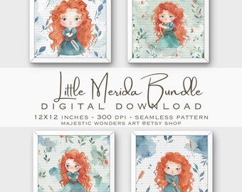 Bundle Little Merida Seamless Pattern, Brave Princess Merida Instant Download, Girls Room and Nursery Watercolor Art Gifts.