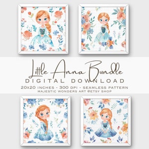 Puede incluir: Cuatro impresiones enmarcadas con una ilustración en acuarela de una niña pelirroja con un vestido azul, rodeada de patrones florales. El texto "Little Anna Bundle" se muestra debajo, con detalles sobre la descarga digital, incluyendo el tamaño de 50.8x50.8 cm.