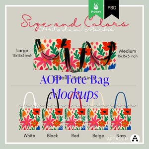 May include: Mockups of AOP tote bags in various colors, including white, black, red, beige, and navy. The bags feature a floral pattern with red, pink, and green flowers. Sizes include large (18x18x3 inches) and medium (16x16x3 inches).