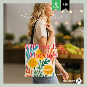 May include: A tote bag with a floral design featuring yellow flowers, blue and orange leaves, and green stems. The bag is held by a person. The text "AOP Tote Bag Mockups" is visible on the bag. The bag has black straps.