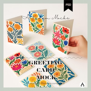 May include: Greeting card mockups with colorful floral designs. The cards feature various flower arrangements in shades of red, orange, blue, and yellow. The text "Flower Market" and "Greeting Card Mock" are visible.