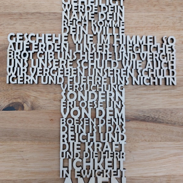 Holzkreuz "Das Vater Unser" Deko Holz Kreuz aus Buchstaben Lasercut Typografie