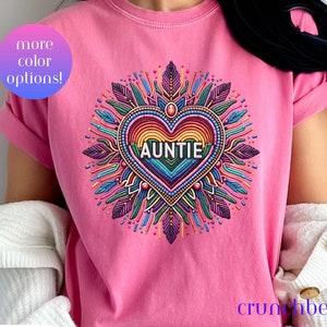 Auntie Rainbow Pride style art design shirt. Indigenous Owned shirt shop.