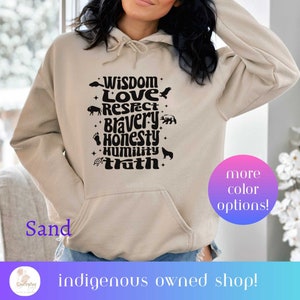 Native 7 Teachings Hooded Sweatshirt. Indigenous Designs Shirts. Indigenous Gift shop