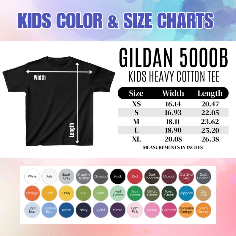May include: Black Gildan 5000B kids' heavy cotton tee shirt with size and color charts. The size chart shows measurements in inches for XS to XL sizes. Color options include white, black, red, and more.