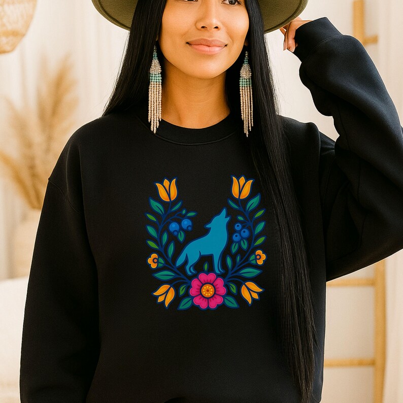 Native owned Wolf Native Floral Shirt. Indigenous Tees Gift Shop