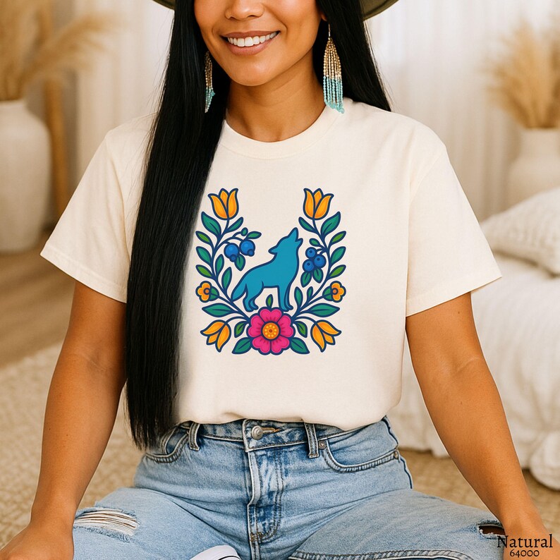 Native owned Wolf Native Floral Shirt. Indigenous Tees Gift Shop