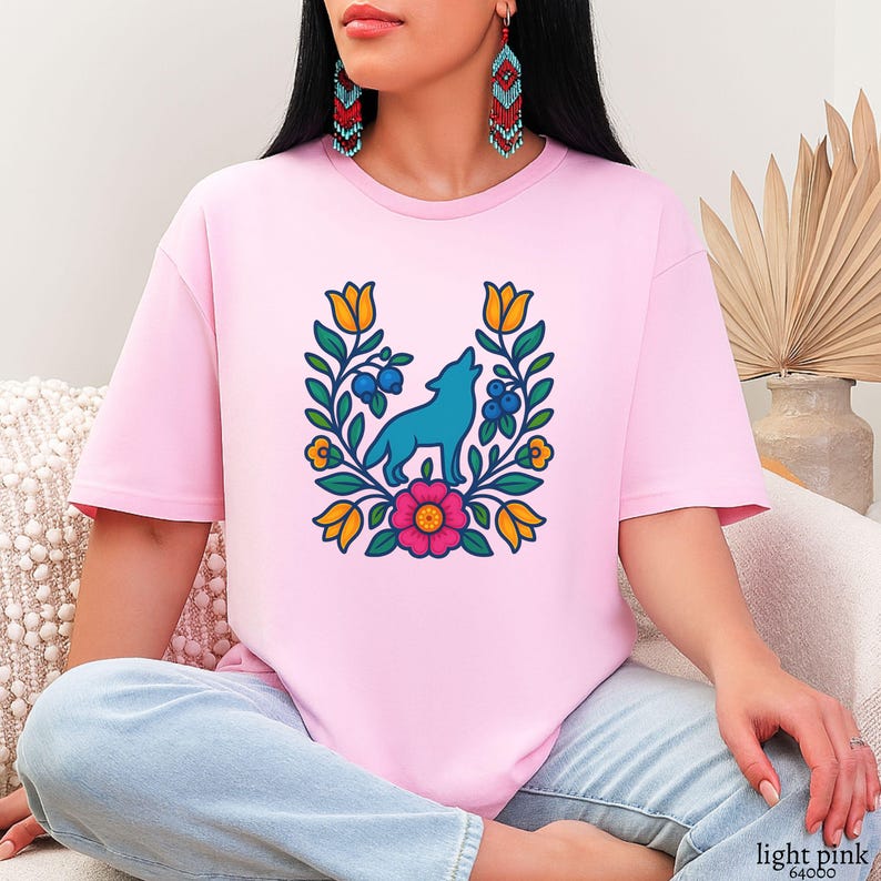 Native owned Wolf Native Floral Shirt. Indigenous Tees Gift Shop