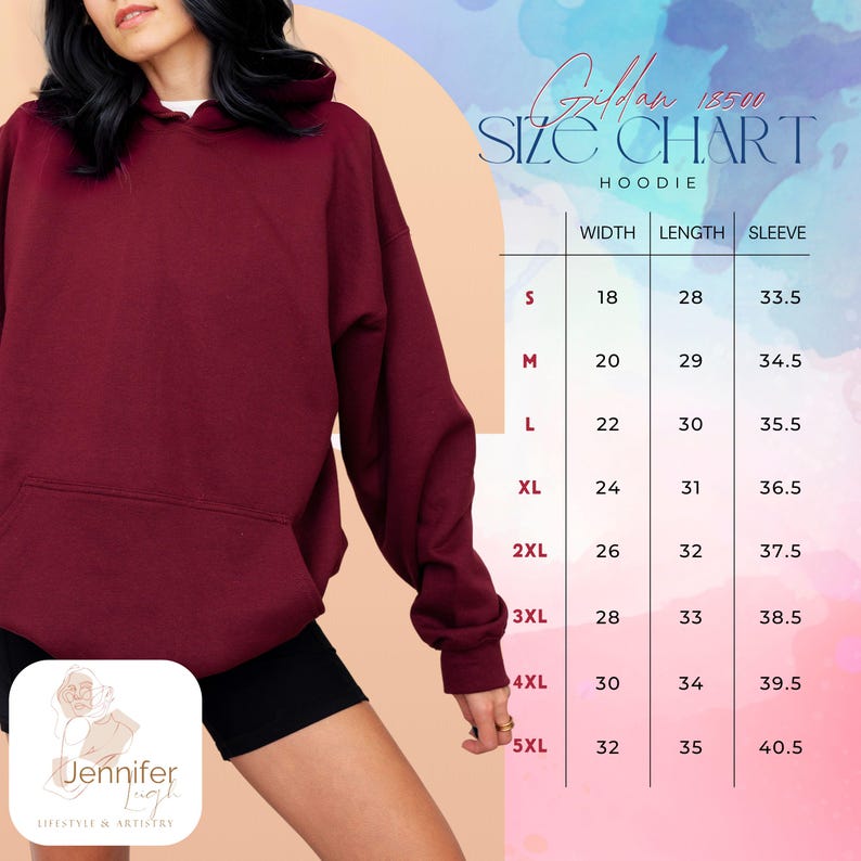 May include: A maroon hoodie with a front pocket and a size chart. The size chart shows measurements for width, length, and sleeve length in inches for sizes S through 5XL. The hoodie is from Gildan.