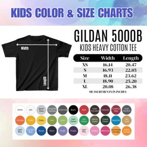 May include: Black Gildan 5000B Kids Heavy Cotton Tee with size and color charts. Measurements in inches are provided for sizes XS to XL. Color options include white, black, red, and more.