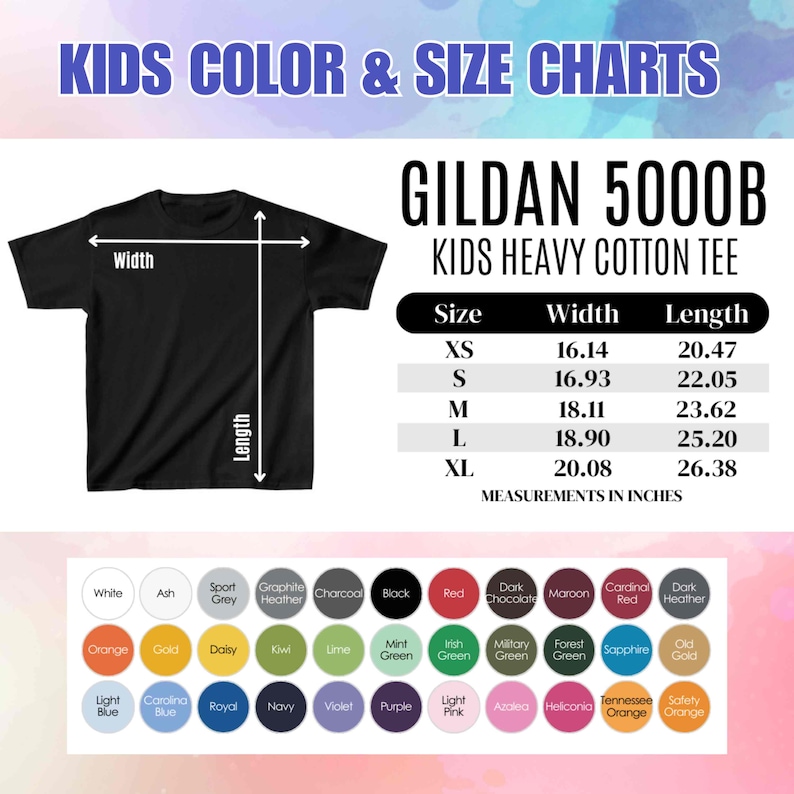 May include: Black Gildan 5000B Kids Heavy Cotton Tee with size and color charts. Measurements in inches are provided for sizes XS to XL. Color options include white, black, red, and more.