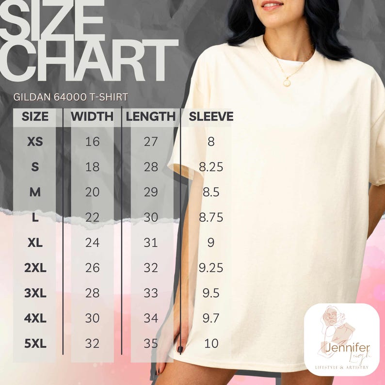 May include: A cream-colored Gildan 64000 T-shirt with a size chart. The chart lists sizes XS to 5XL, with corresponding width, length, and sleeve measurements in inches. The shirt is worn by a person.