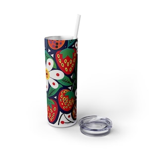 Strawberry Floral Indigenous Skinny Tumblers with Straw, 20oz