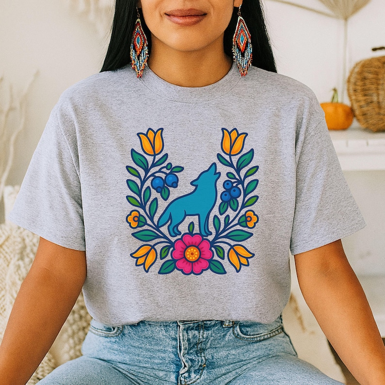 Native owned Wolf Native Floral Shirt. Indigenous Tees Gift Shop