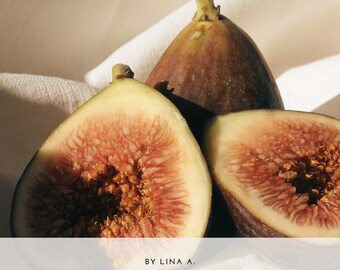 Könnte beinhalten: Ein Buchcover mit dem Titel "Nutrition 101: Ein Leitfaden für gesunde Ernährung" von Lina A. Das Cover zeigt eine Nahaufnahme von drei Feigen, von denen zwei aufgeschnitten sind und ihr rotes Fruchtfleisch und ihre Kerne zeigen.