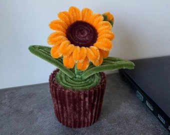 Pipe cleaners Sunflower with leaves-potted plant-Forever Flower Handmade Gift- Finished products-Gift for Her,Mother's Day gift