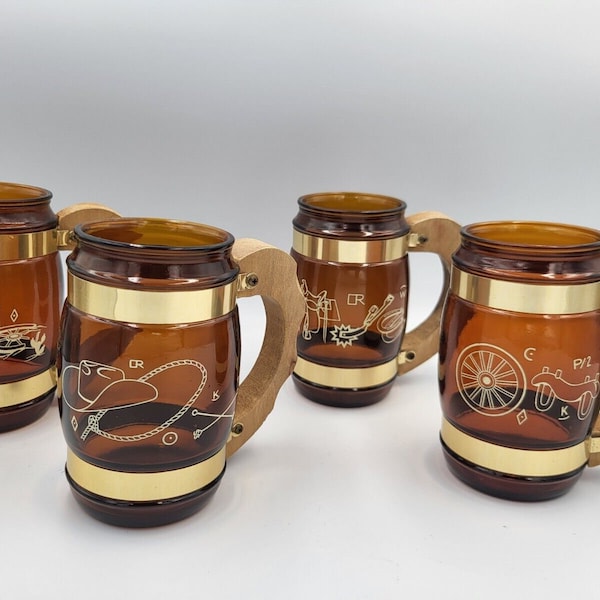 4 Siesta Ware Amber Brown Barrel Glass Mugs Wood Handle Western Theme Vintage GK