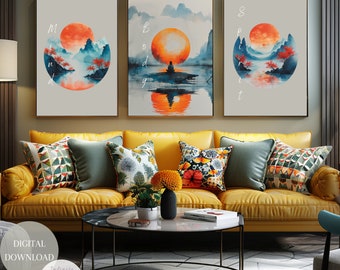 Meditation wall art China wall art Japan poster Inspiration Motivational wall art Sunset sunrise decor Set of 3 Tondo Printable wall art