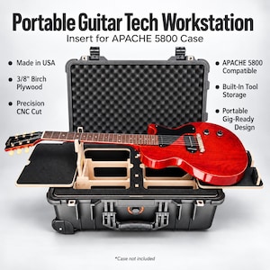 May include: A Portable Guitar Tech Workstation insert for an APACHE 5800 case, made of 3/8 inch birch plywood with precision CNC cuts. The black case features built-in tool storage and a foam-lined lid, shown with a red electric guitar resting on it.