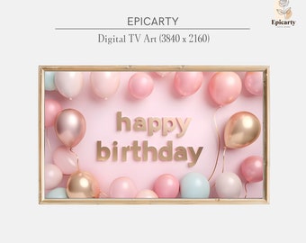 Pink & Gold Birthday Balloons Frame TV Art (Digital Download)
