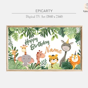 May include: A digital printable birthday banner with a jungle theme. The banner features a giraffe, elephant, tiger, and lion with green leaves around the border. The text "Happy Birthday Name" is in the center of the banner.