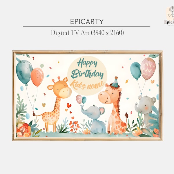 Personalized Birthday frame tv art | Jungle Safari Animals Samsung frame tv art | Custom Kids Birthday party decor | Digital download