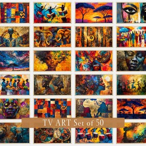 Puede incluir: Un conjunto de 20 impresiones artísticas enmarcadas con colores vibrantes y temas de inspiración africana. La obra de arte incluye retratos, paisajes y diseños abstractos, con una variedad de temas y estilos. El texto "TV ART Set of 50" se muestra en la parte inferior.