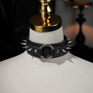 Wide Black & Red Leather Choker: O-Ring Spikes, Gothic Collar