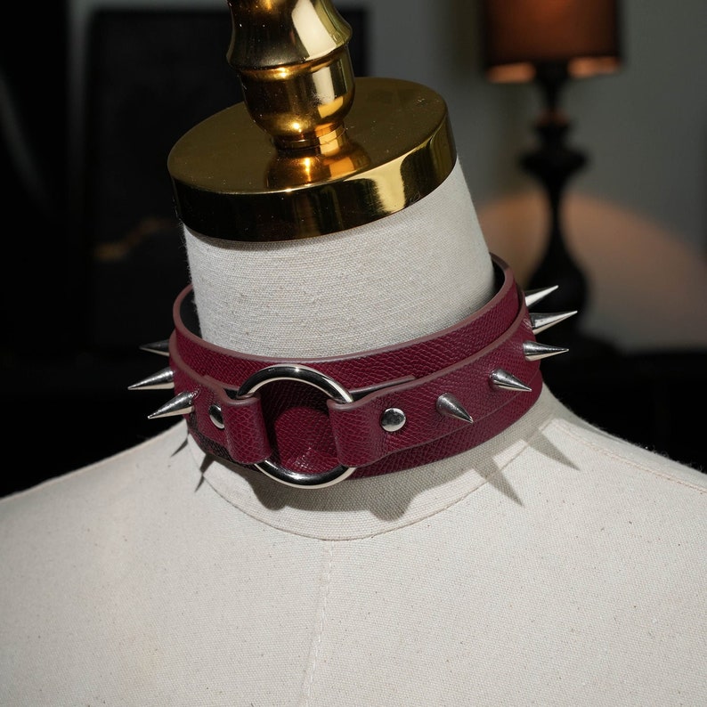 Wide Black Red Leather Choker with O Ring and Spikes Collar Necklace for Women Gothic image 2