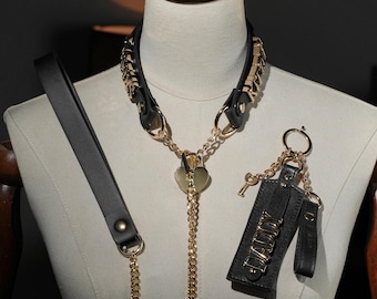 Gold Letter Black Leather Collar: Heart Padlock Choker with Leash & Keychain