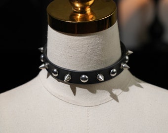 Handmade Goth Punk Collar Black Leather Spiked Choker Necklace