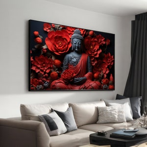 Buddha with Red Flowers Canvas Painting - Zen Yoga Wall Art for Meditation Spaces, Asian-Inspired Home Décor Gift