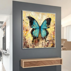 Blauer Schmetterling Leinwandkunst - Abstrakte Naturwanddekor, Bunt strukturierte Insektenmalerei, fertig zum Aufhängen, als Geschenk für Schmetterlingsliebhaber