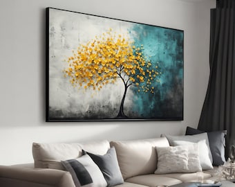 Yellow Leaf Tree Painting - Elegant Botanical Canvas Art, Stylish Wall Decor for Home, Perfect Housewarming Gift, Ready to Hang, Nature Art