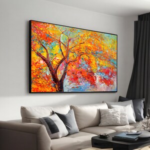 Autumn Tree Canvas Wall Art – Falling Leaves Painting for Modern Living Room, Bedroom, or Office Décor & Housewarming Gift