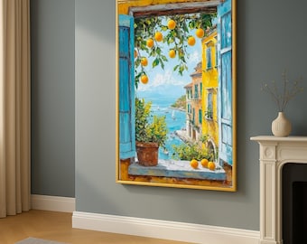 Mediterranean Open Window Canvas Wall Art with Lemons and Blue Shutters, Coastal Balcony View, Citrus Tree Seaside Painting Print