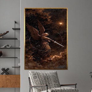 Guardian Angel Wall Art – Dark Fantasy Celestial Warrior with Sword – Archangel Print for Gothic and Spiritual Decor