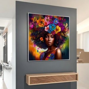 Afro American Woman with Colorful Flowers Canvas Painting - Vibrant Ethnic Wall Art, Perfect Gift for Home Décor & Art Lovers