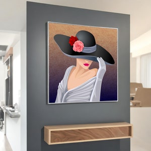 Elegant Woman with Black Hat – Chic Portrait Canvas Art, Modern Fashion Wall Decor, Unique Gift for Stylish Home & Art Lovers